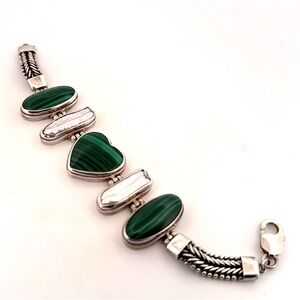 Malachite & Mother of Pearl 925 Sterling Silver 7" Bracelet 43.7g